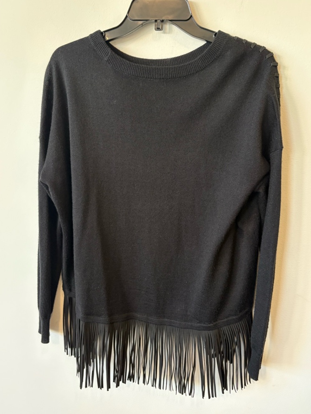 AQUA wool Black Fringe Hem Knit Sweater with woven sleeves medium